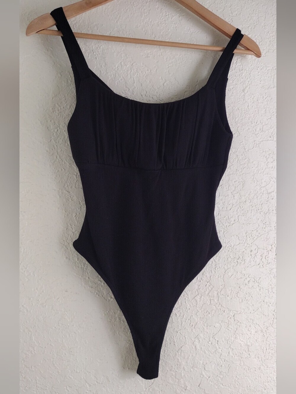 Frankly Black Ribbed Ruched Bust Crisscross Back Bodysuit Size M - Picture 4 of 7